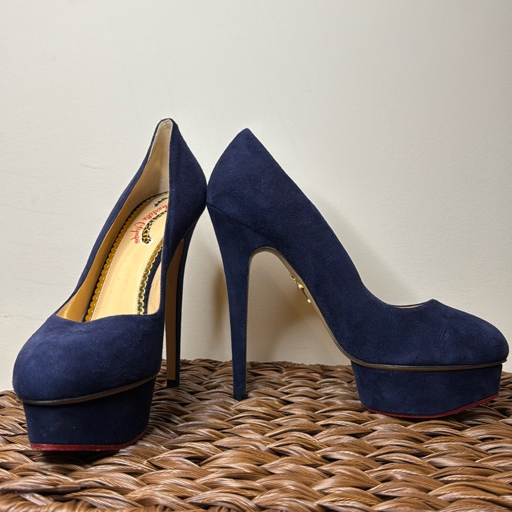 Never Been Worn Charlotte Olympia Dolly Navy Suede Platform Heels - Size 40